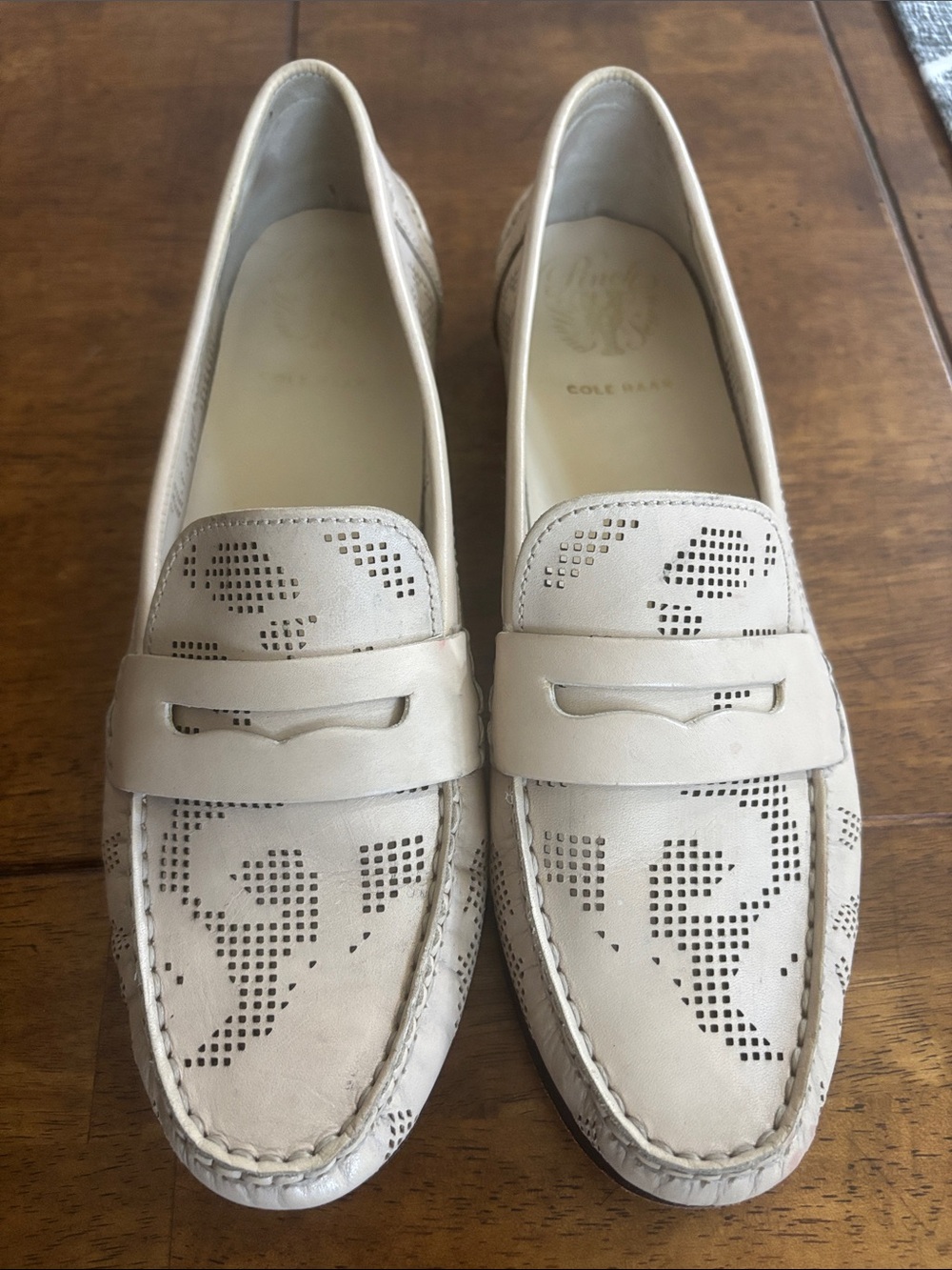 Cole Haan Cream Leather Perforated Penny Loafers
